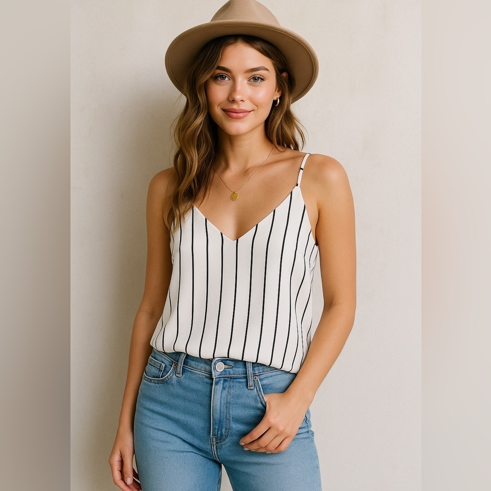 Boho Black Pinstripe Striped Sheer Lined Tank Top Festival Flowy Cami, S/M